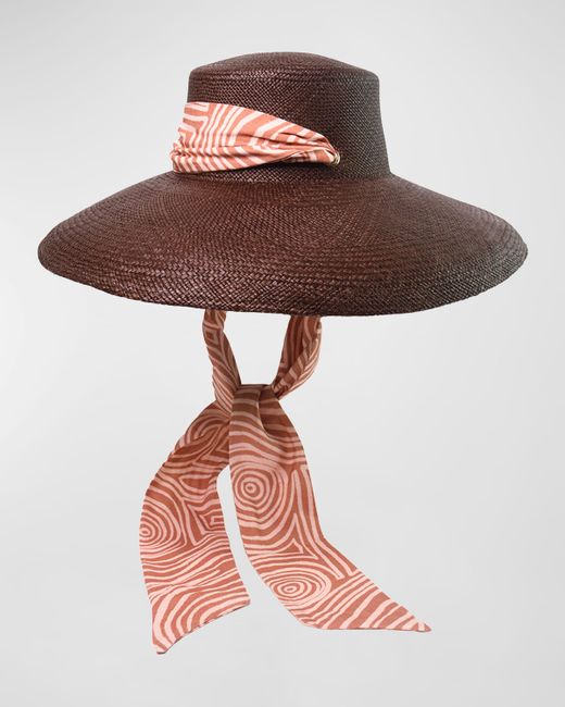 Sensi Studio Lampshade Cordovan Straw Large Brim Hat With a Printed Band