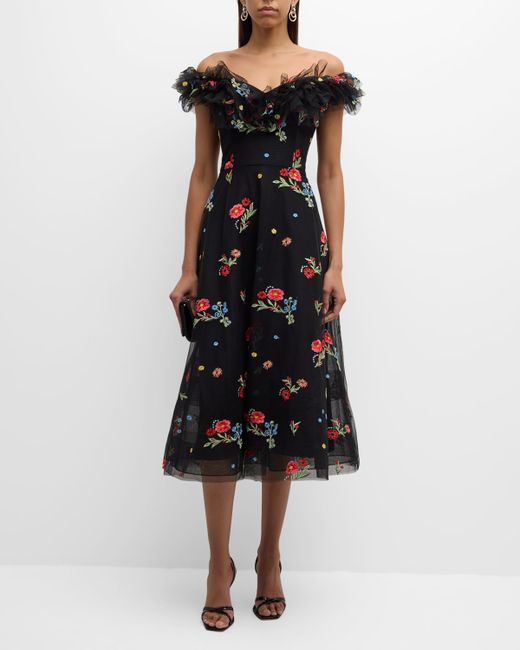 Rickie Freeman for Teri Jon Floral-Embroidered Off-Shoulder Midi Dress