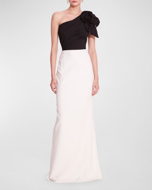 Marchesa Notte Pleated One-Shoulder Two-Tone Column Gown