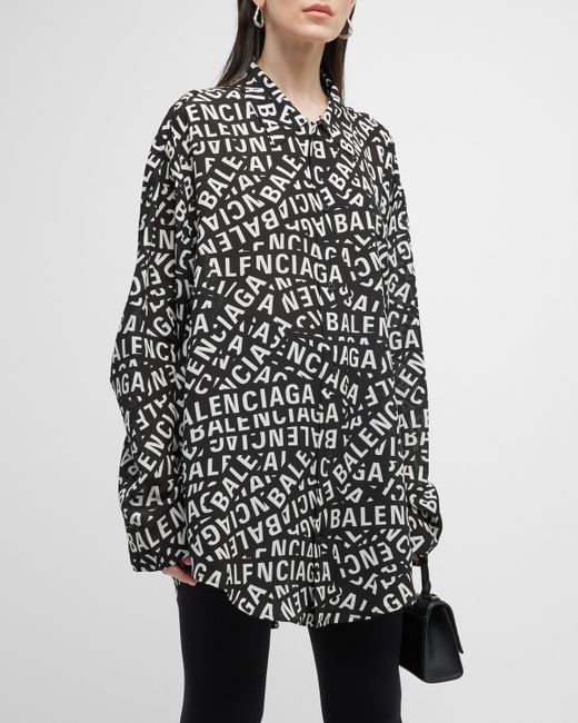 Balenciaga Logo Tape-Print Oversized Silk Minimal Shirt