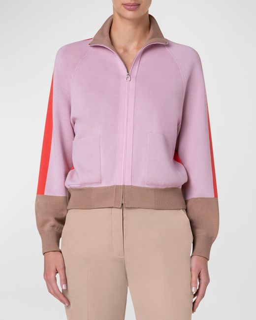 Akris Colorblock Fine Gauge Knit Zip-Front Cardigan