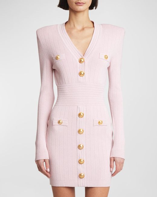 Balmain Long-Sleeve Buttoned Short Knit Dress