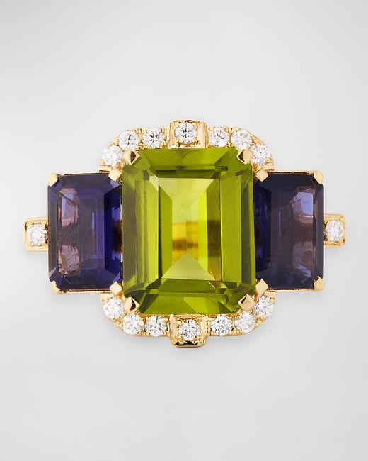 Goshwara 18K 3-Stone Peridot and Iolite Emerald Cut Statement Ring with Diamonds