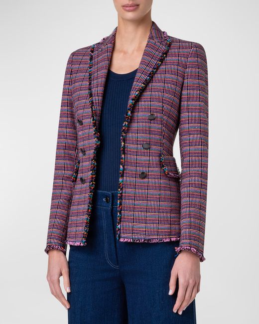 Akris Punto Grid Check Tweed Double-Breasted Illusion Jacket
