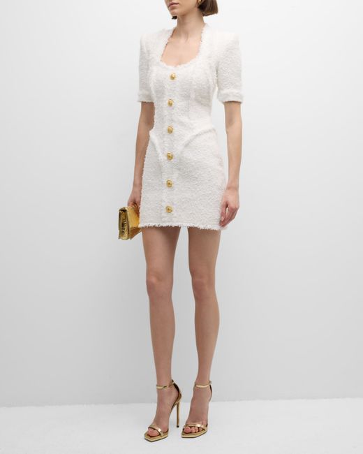 Balmain Short-Sleeve Tweed Button-Front Mini Dress