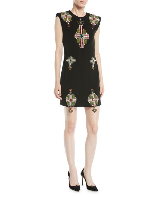 Versace Sleeveless Padded-Shoulder Cross-Embellished Mini Silk Cocktail Dress