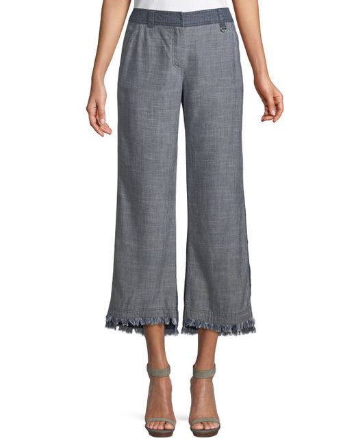 Trina Turk Ontario Frayed Pants in Crosshatch Chambray