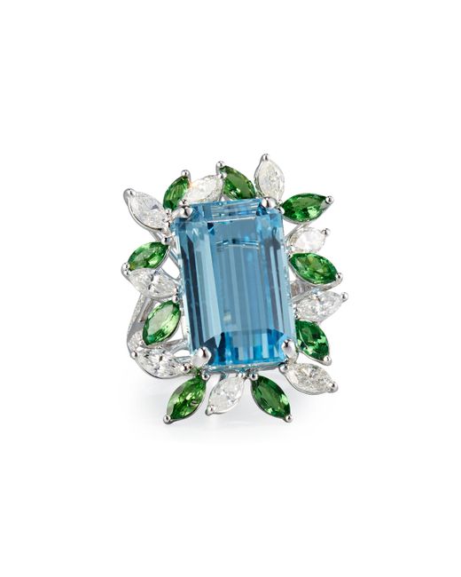 Alexander Laut Emerald-Cut Aquamarine Ring with Tsavorites Diamonds Size 7.25