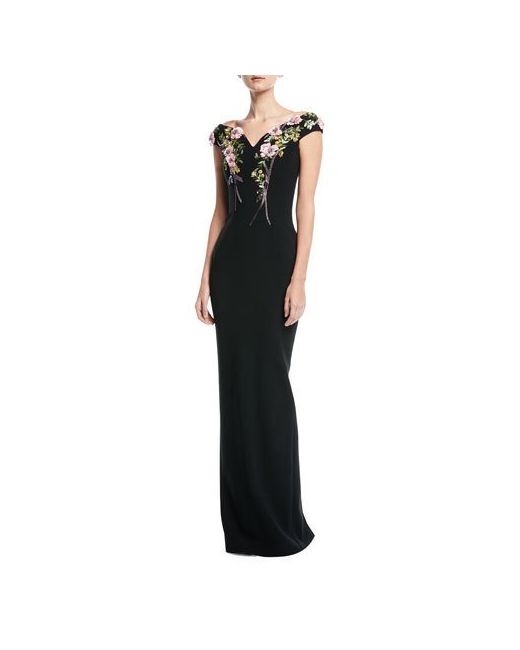 Pamella Roland Bateau-Neck Stretch-Crepe Evening Gown with Crystal Embroidery