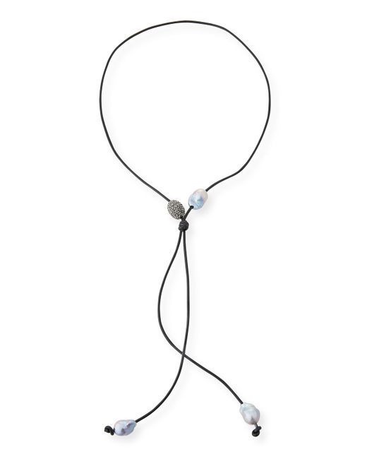 Margo Morrison Baroque Pearl Leather Lariat Necklace
