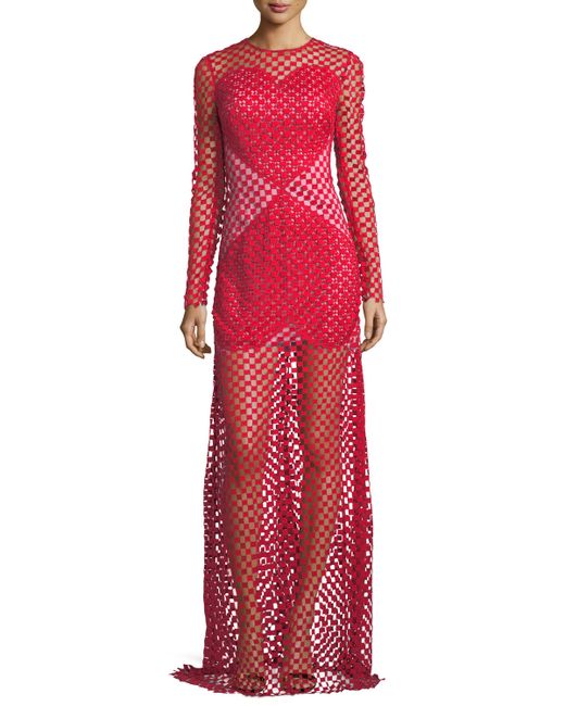 Akris Sansusie Heart-Embroidered Long-Sleeve Evening Gown with Side Slits