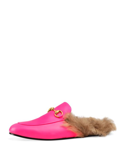 Gucci Princetown Fur-Lined Fluorescent Leather Slippers