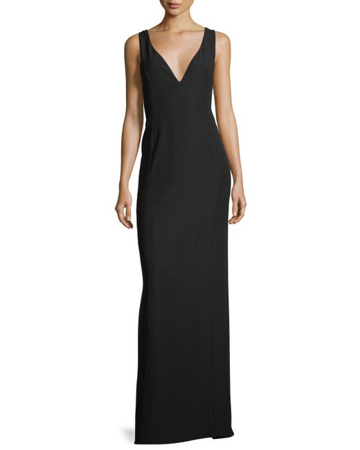 Emporio Armani Deep V Crepe Column Evening Gown with Pleat Detail