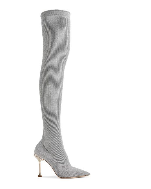 Miu Miu Crystal-embellished Metallic Ribbed-knit Over-the-knee Sock Boots