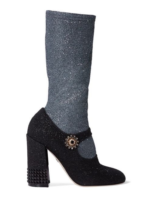Dolce & Gabbana Crystal-embellished Two-tone Stretch-lurex Knee Boots