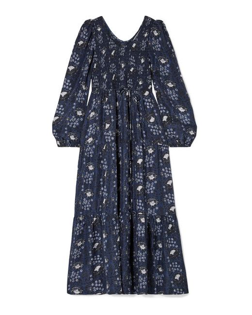 Apiece Apart Olivia Smocked Floral-print Silk-satin Maxi Dress