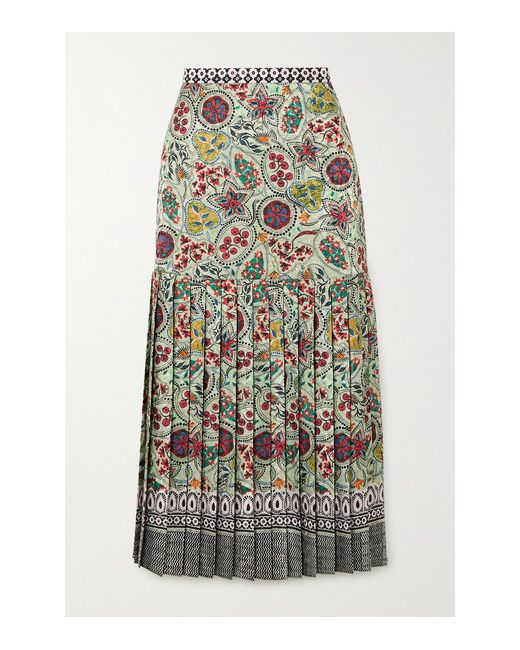 Saloni Diana Pleated Printed Satin Midi Skirt