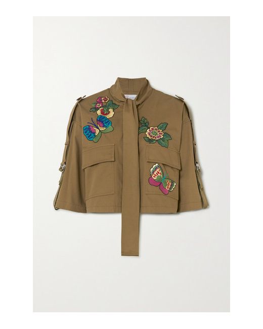 RED Valentino Cropped Pussy-bow Embroidered Cotton-gabardine Jacket