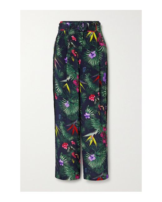Fleur Du Mal Belted Lace-trimmed Printed Silk-satin Wide-leg Pants