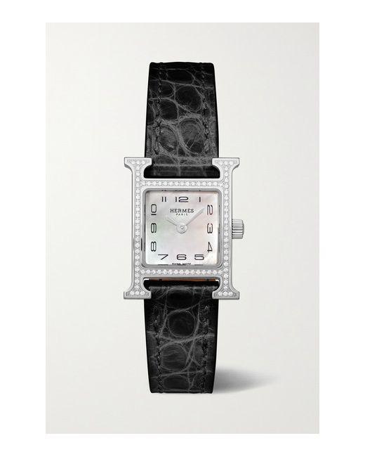 Hermès timepieces Heure H 17.2mm Very Small Stainless Steel Alligator Mother-of-pearl And Diamond Watch