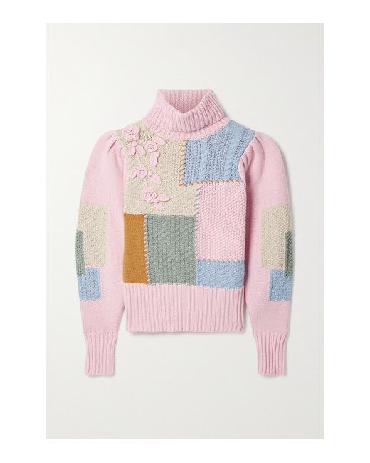 Loveshackfancy Allan Appliquéd Patchwork Knitted Turtleneck Sweater