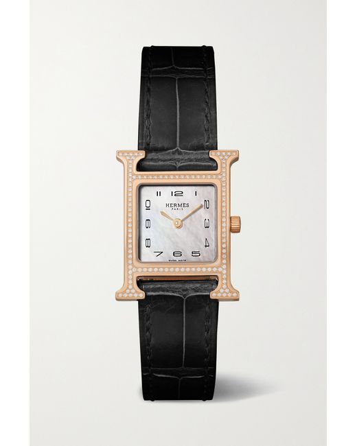 Hermès timepieces Heure H 21mm Small 18-karat Rose Gold Alligator Mother-of-pearl And Diamond Watch