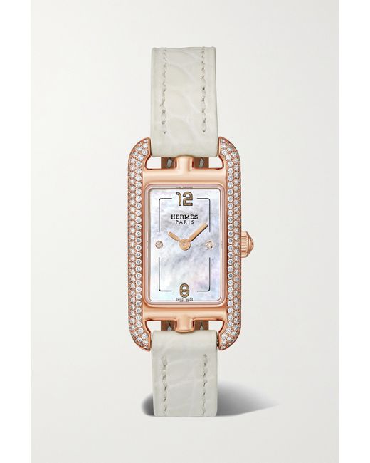 Hermès timepieces Nantucket 17mm Very Small 18-karat Alligator Mother-of-pearl And Diamond Watch one