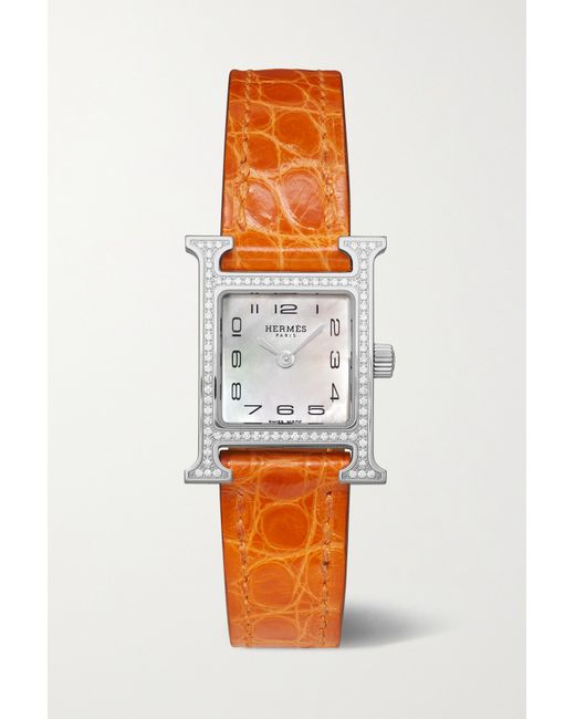 Hermès timepieces Heure H 17.2mm Very Small Stainless Steel Alligator Mother-of-pearl And Diamond Watch