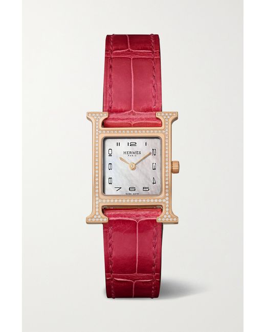 Hermès timepieces Heure H 21mm 18-karat Rose Gold Alligator Mother-of-pearl And Diamond Watch