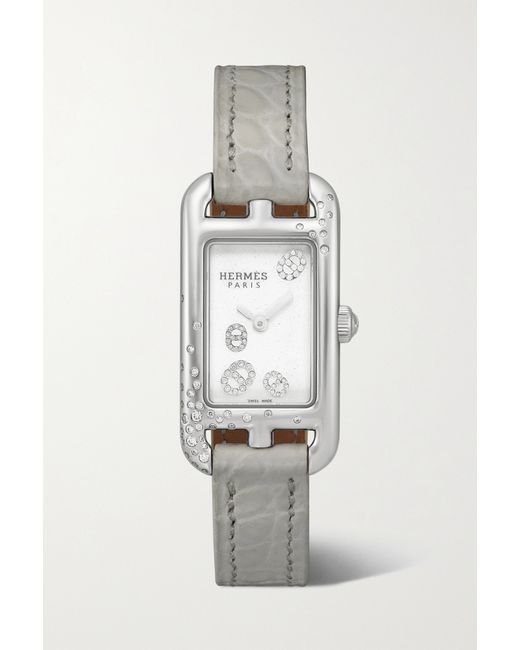 Hermès timepieces Nantucket 17mm Very Small Stainless Steel Alligator And Diamond Watch