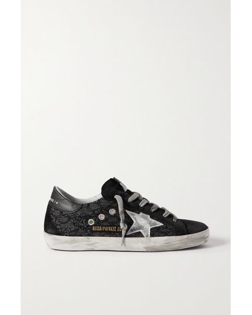 Golden Goose Superstar Distressed Suede Leather And Glittered Lace Sneakers