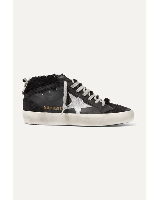 Golden Goose Mid Star Shearling-lined Distressed Leather And Suede Sneakers