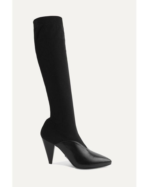 Prada 90 Stretch-knit And Leather Knee Sock Boots