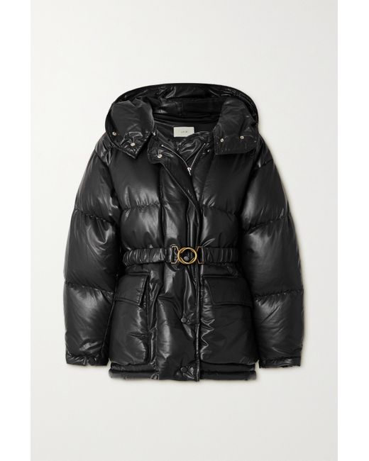 Lvir Hooded Belted Quilted Padded Faux Leather Coat