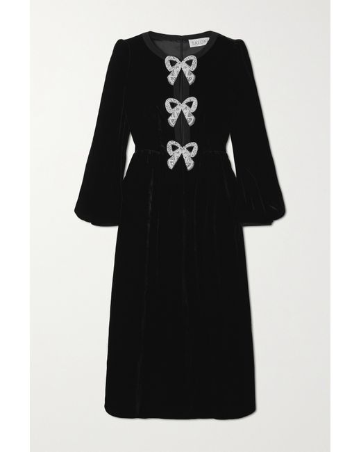 Saloni Camille Bow-embellished Velvet Midi Dress