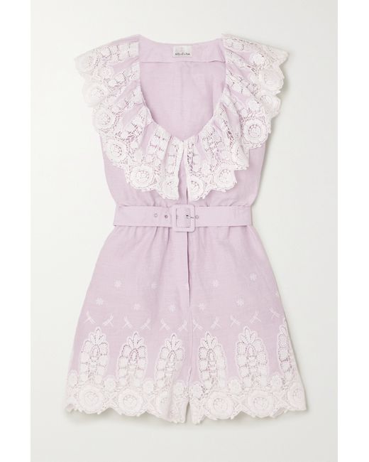 Miguelina Charli Belted Crocheted Cotton And Linen Playsuit