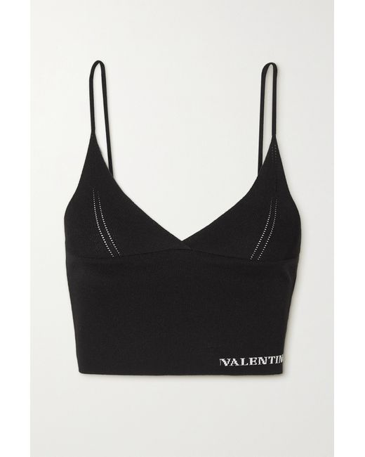 Valentino Cropped Intarsia Pointelle-knit Top