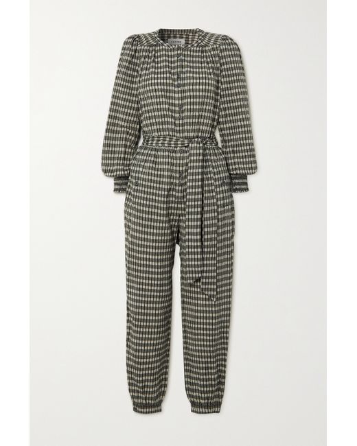 Cefinn Isla Belted Checked Brushed-cotton Jumpsuit