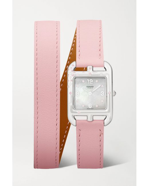Hermès timepieces Cape Cod Double Tour 23mm Small Stainless Steel Leather Mother-of-pearl Sapphire And Diamond Watch