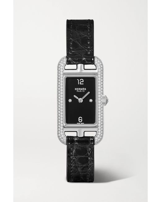 Hermès timepieces Nantucket 17mm Very Small Stainless Steel Alligator And Diamond Watch