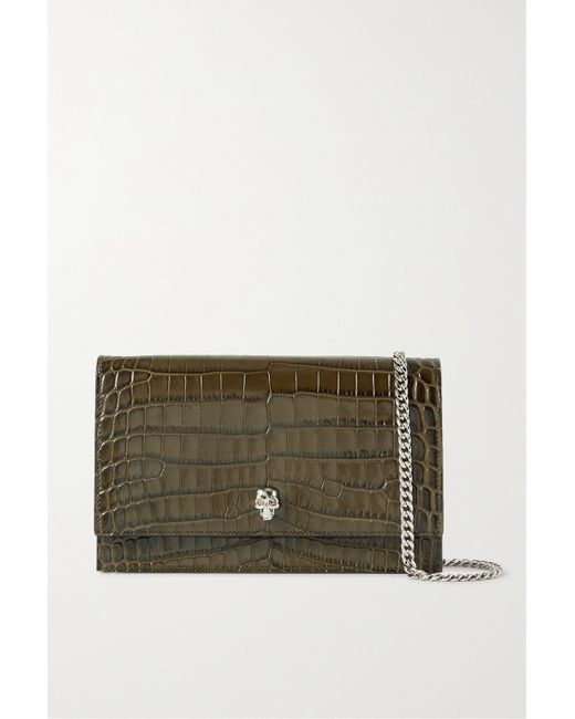 Alexander McQueen Skull Medium Embellished Croc-effect Leather Shoulder Bag