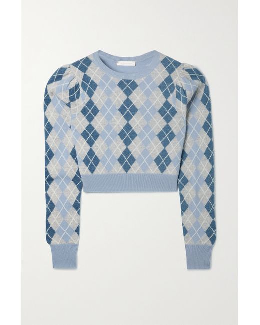 Loveshackfancy Glinda Cropped Argyle Wool And Cashmere-blend Sweater