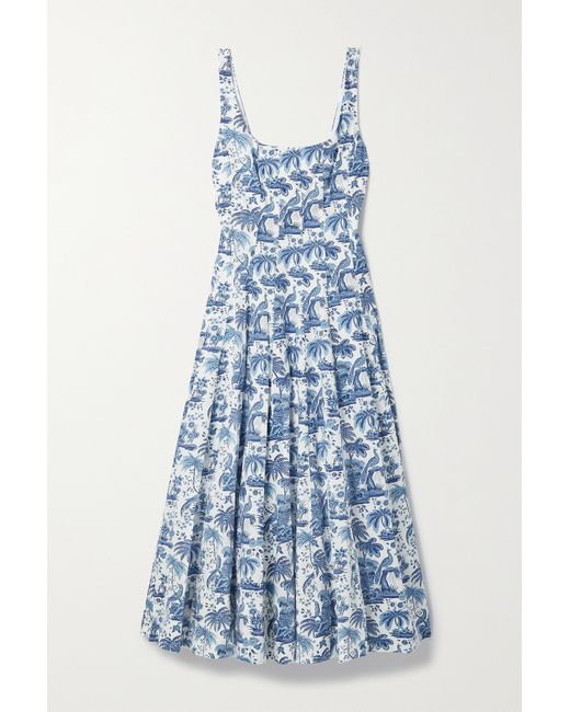 Staud Wells Pleated Printed Stretch-cotton Poplin Midi Dress