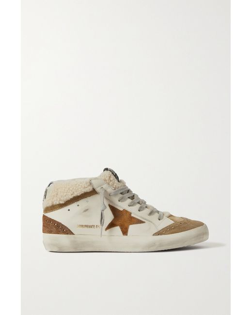 Golden Goose Mid Star Distressed Leather Suede And Shearling Sneakers