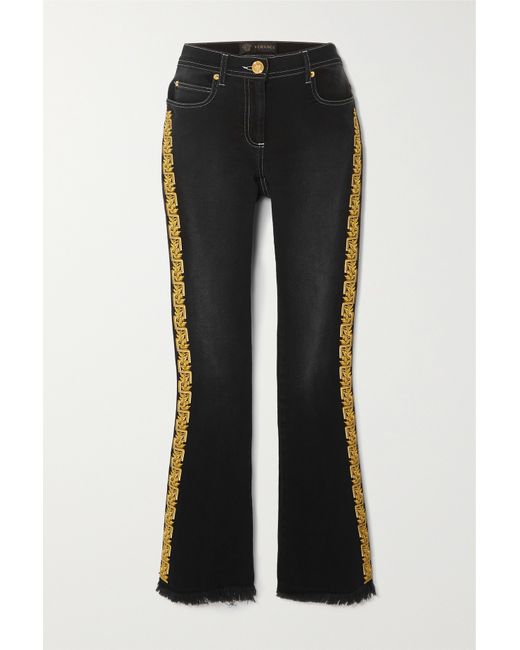Versace Frayed Embroidered Mid-rise Flared Jeans