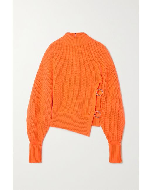 David Koma Embellished Cutout Ribbed Cotton-blend Sweater