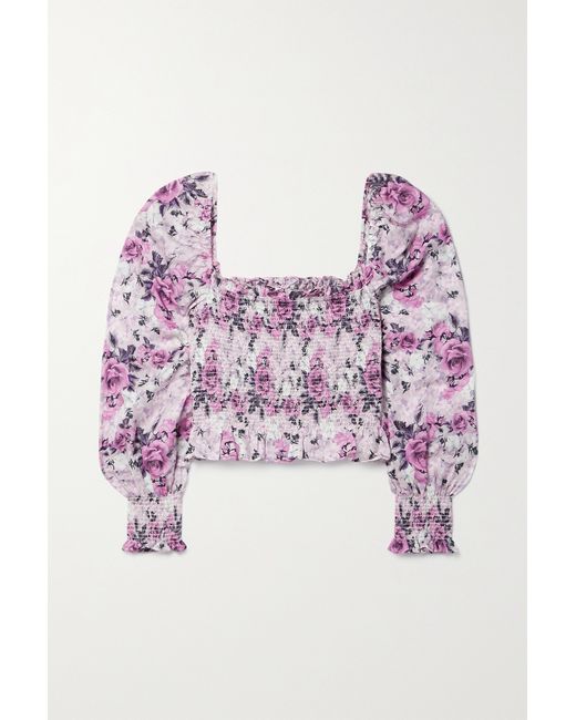 Loveshackfancy Russel Cropped Shirred Floral-print Cotton And Silk-blend Satin Shirt