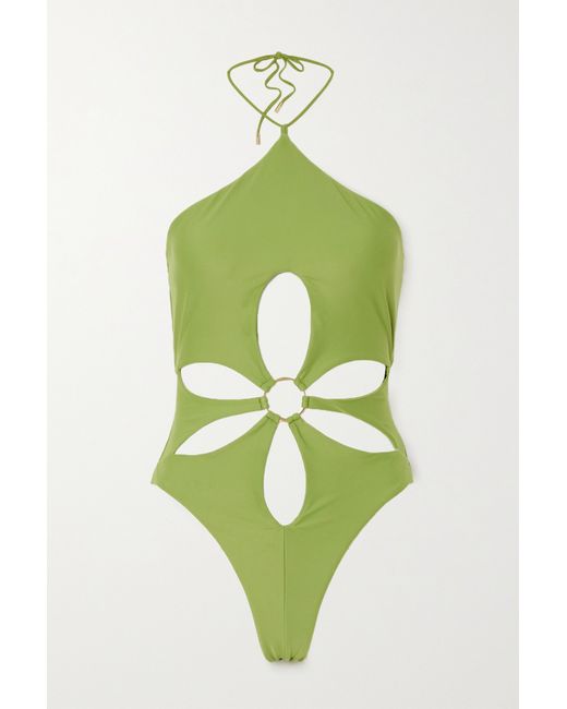 Cult Gaia Aster Embellished Cutout Recycled Halterneck Swimsuit
