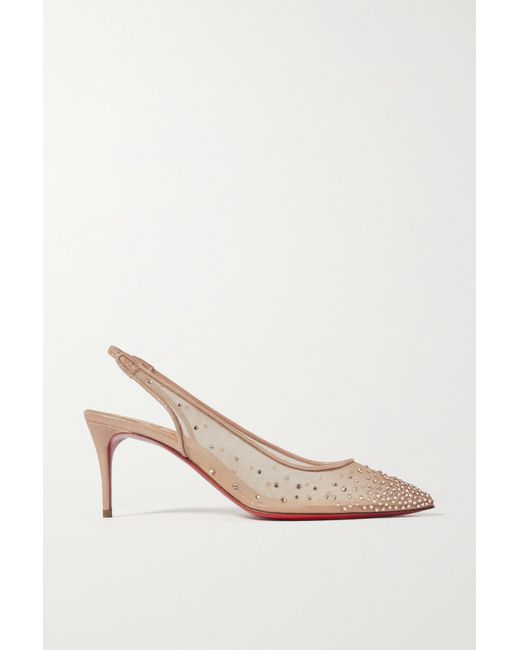 Christian Louboutin Follies Strass 70 Crystal-embellished Mesh And Glittered Suede Slingback Pumps Neutral