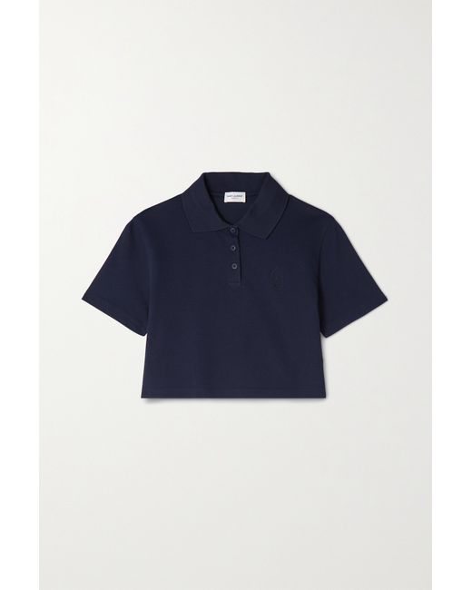Saint Laurent Cropped Cotton-piqué Polo Shirt Navy